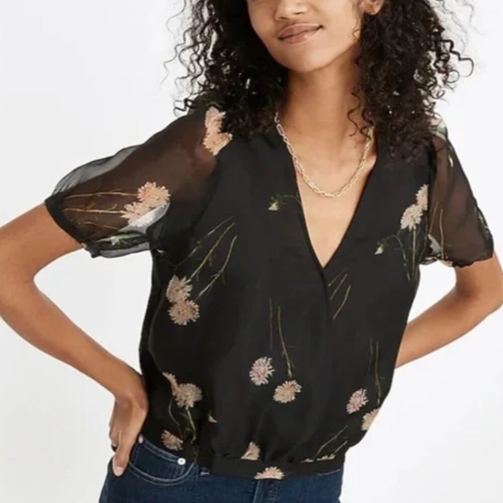 Madewell Silk Organza Puff Sleeve Wrap Top Aster Portrait Black Floral L NWT